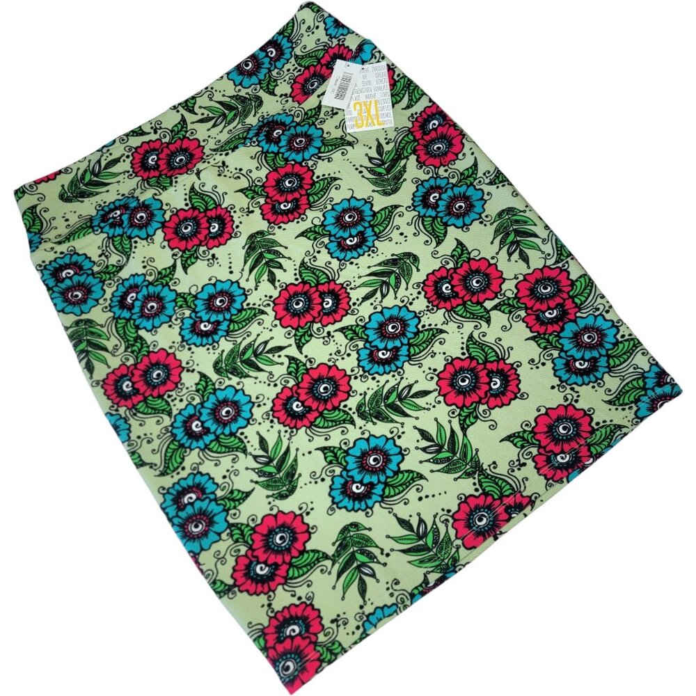 LuLaRoe Cassie Skirt 3XL Floral Green Blue Pink Black White Fitted Pencil